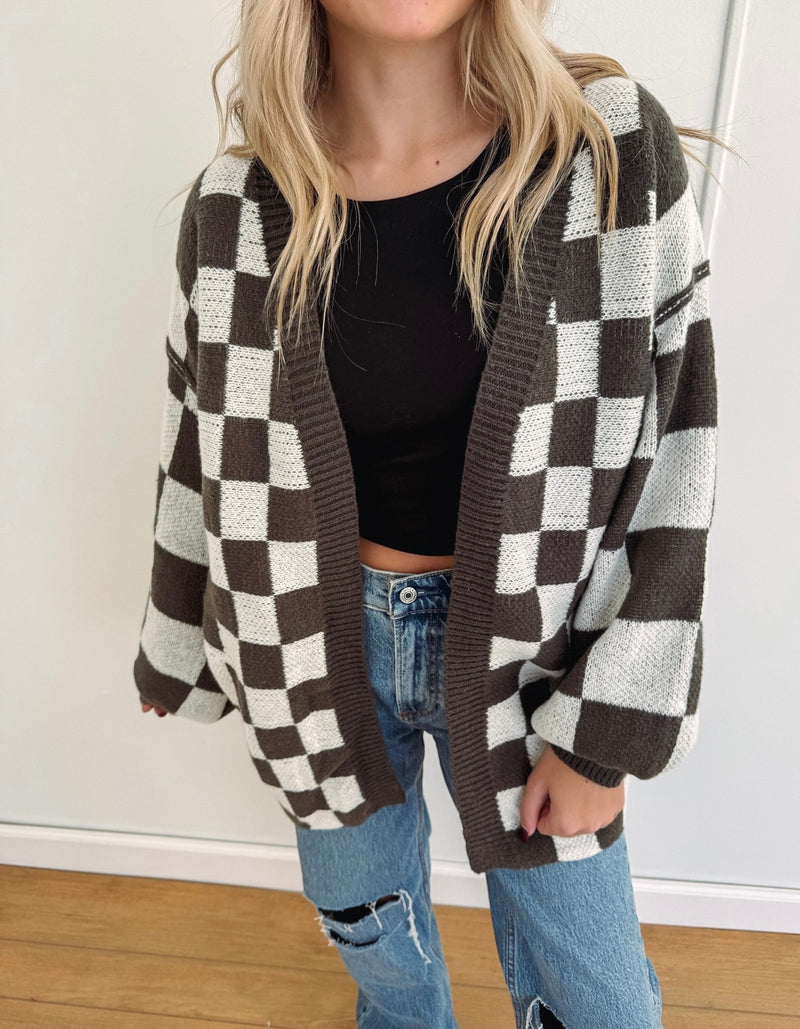 Blaire Oversized Checkered Cardigan - Charcoal