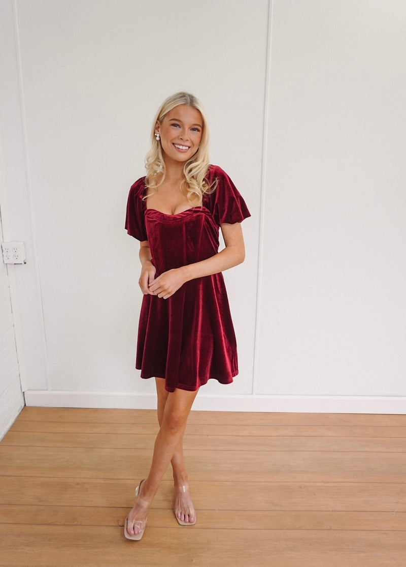 Velvet Puff Sleeve Mini Dress - Burgundy