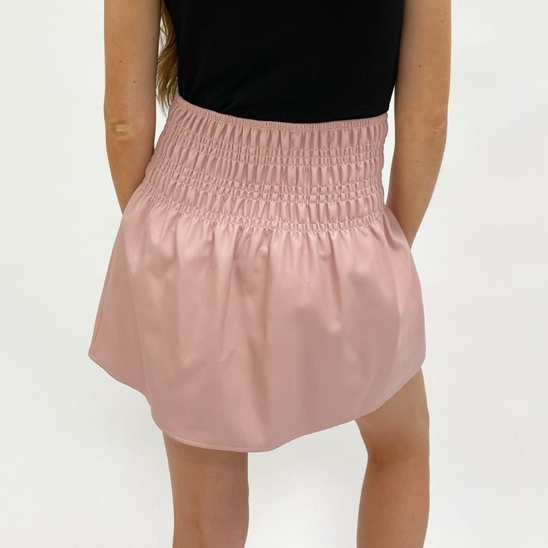 Smocked Faux Leather Mini Skirt