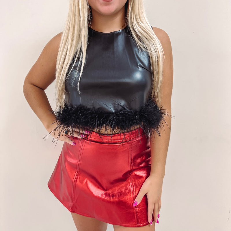 Black Leather Feather Trim Top