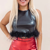 Black Leather Feather Trim Top