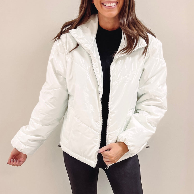 White Liquid Leather Puffer Jacket