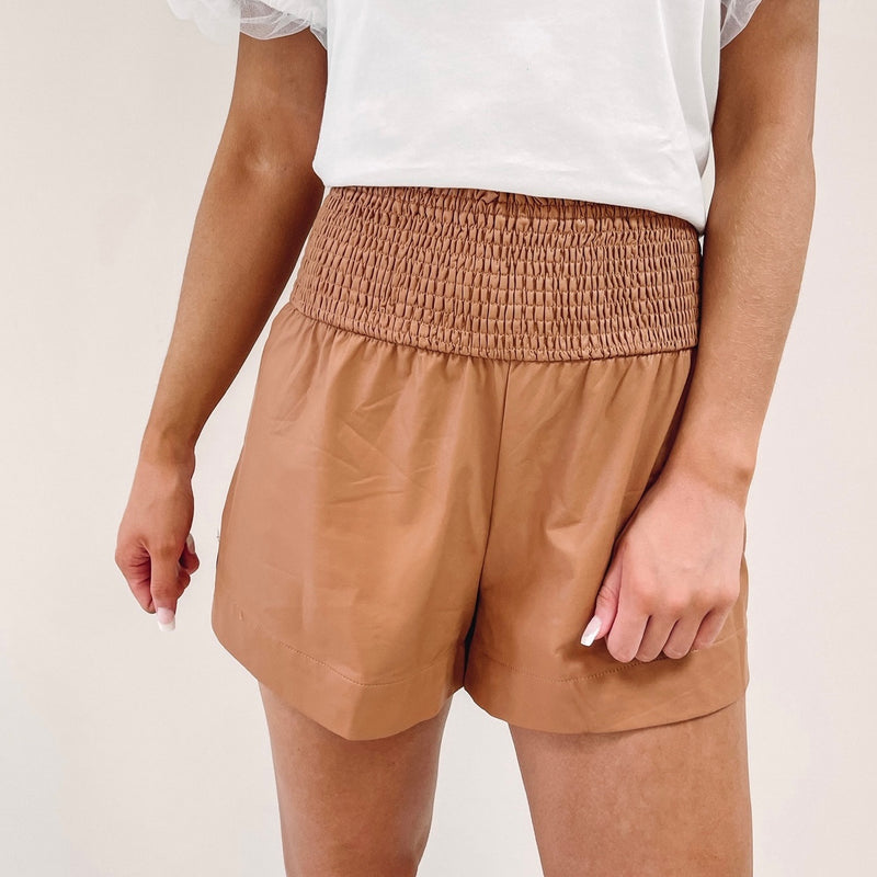 Adair Smocked Leather Shorts - Brown