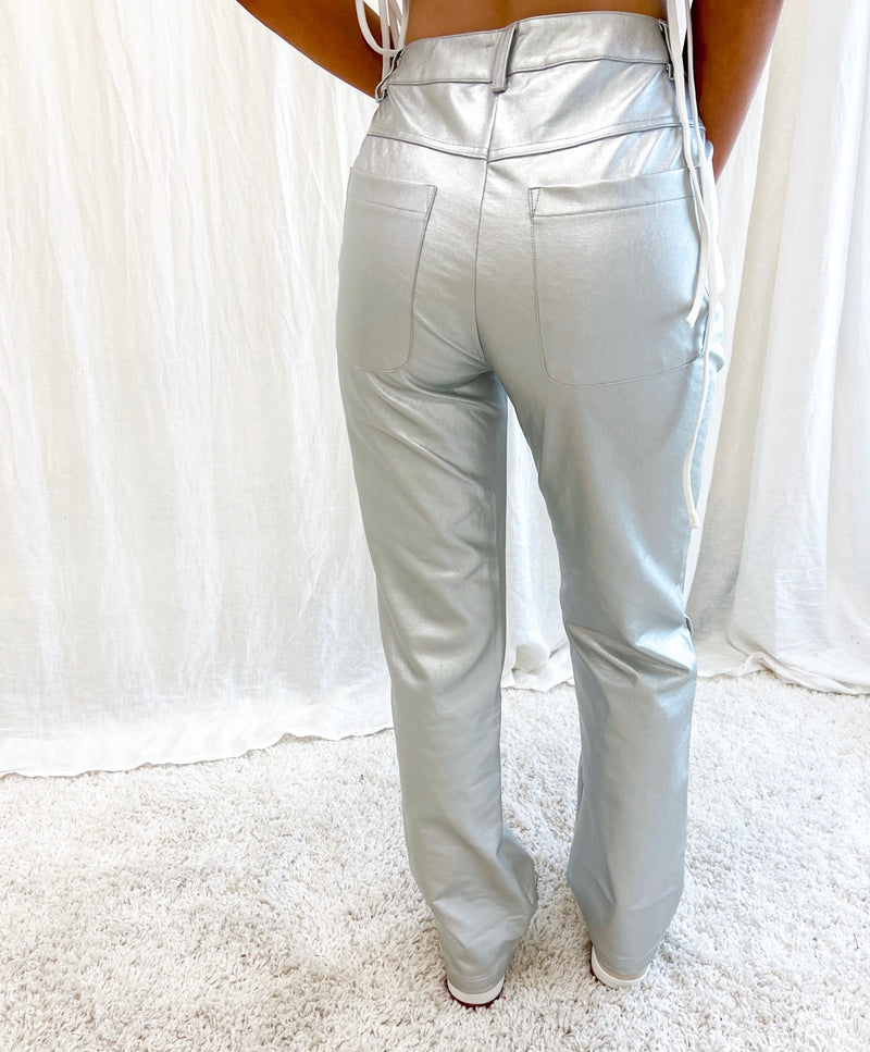 Silver Metallic Leather Pants  Shiny Clothing Pants Capris - Y2k