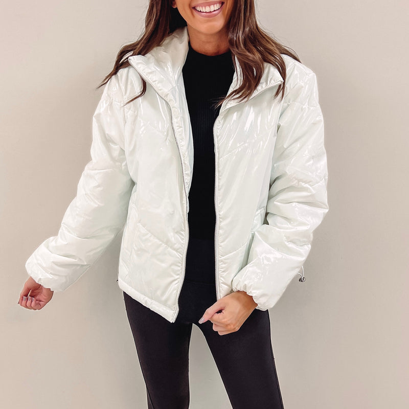 White Liquid Leather Puffer Jacket