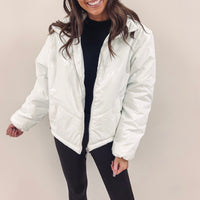 White Liquid Leather Puffer Jacket